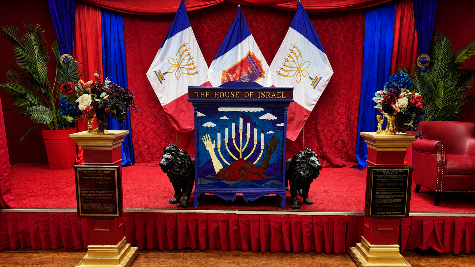 The House of Israel lectern and ministry flags, the introductory setting for Saturday afternoon YouTube lessons.